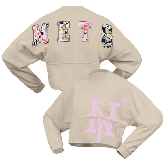 Fanatics Cream and Pink Mets Women's Crop Top - Picture 1 of 3